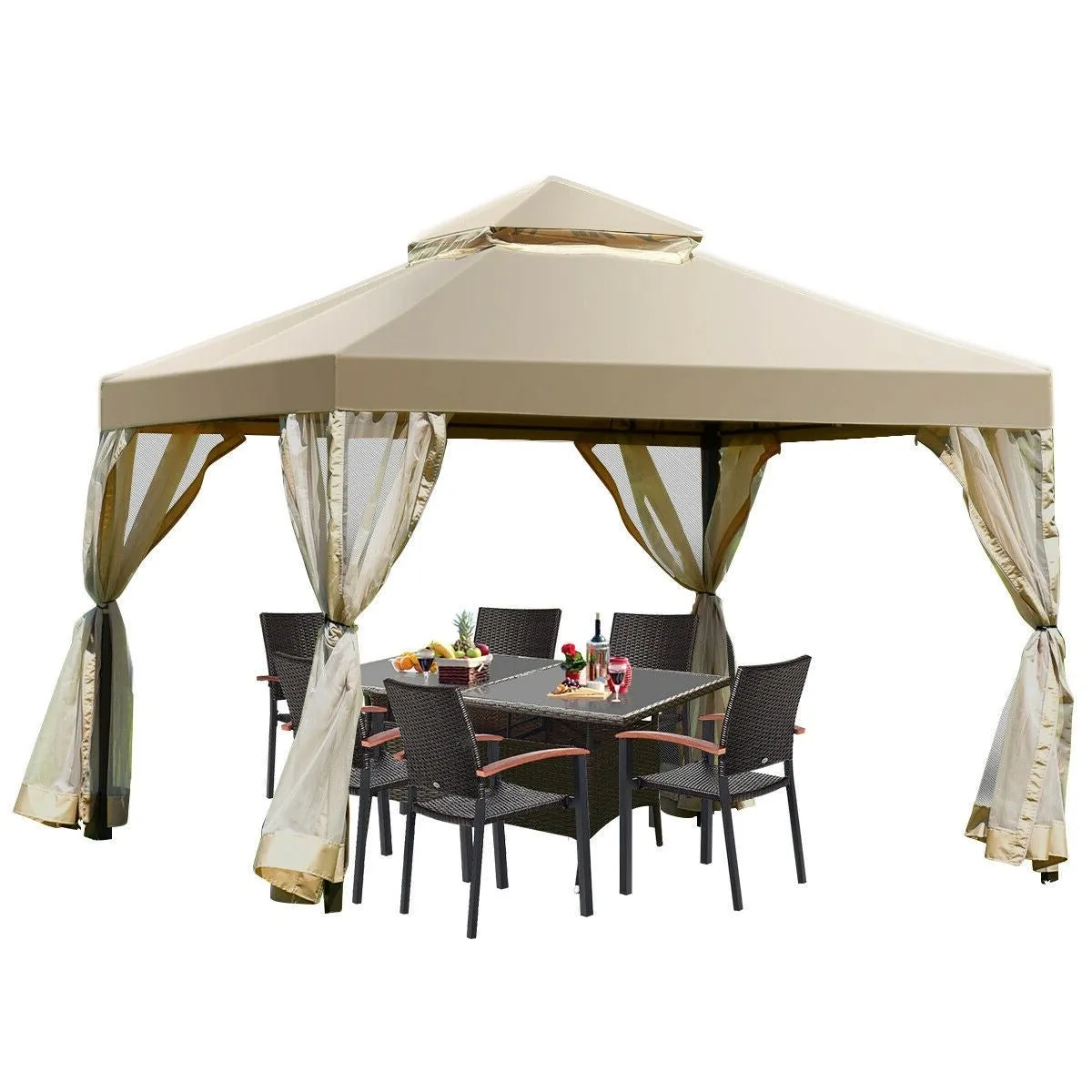 10 x 10 Ft Outdoor Gazebo with Tan Brown Polyester Canopy and Mesh Side Walls