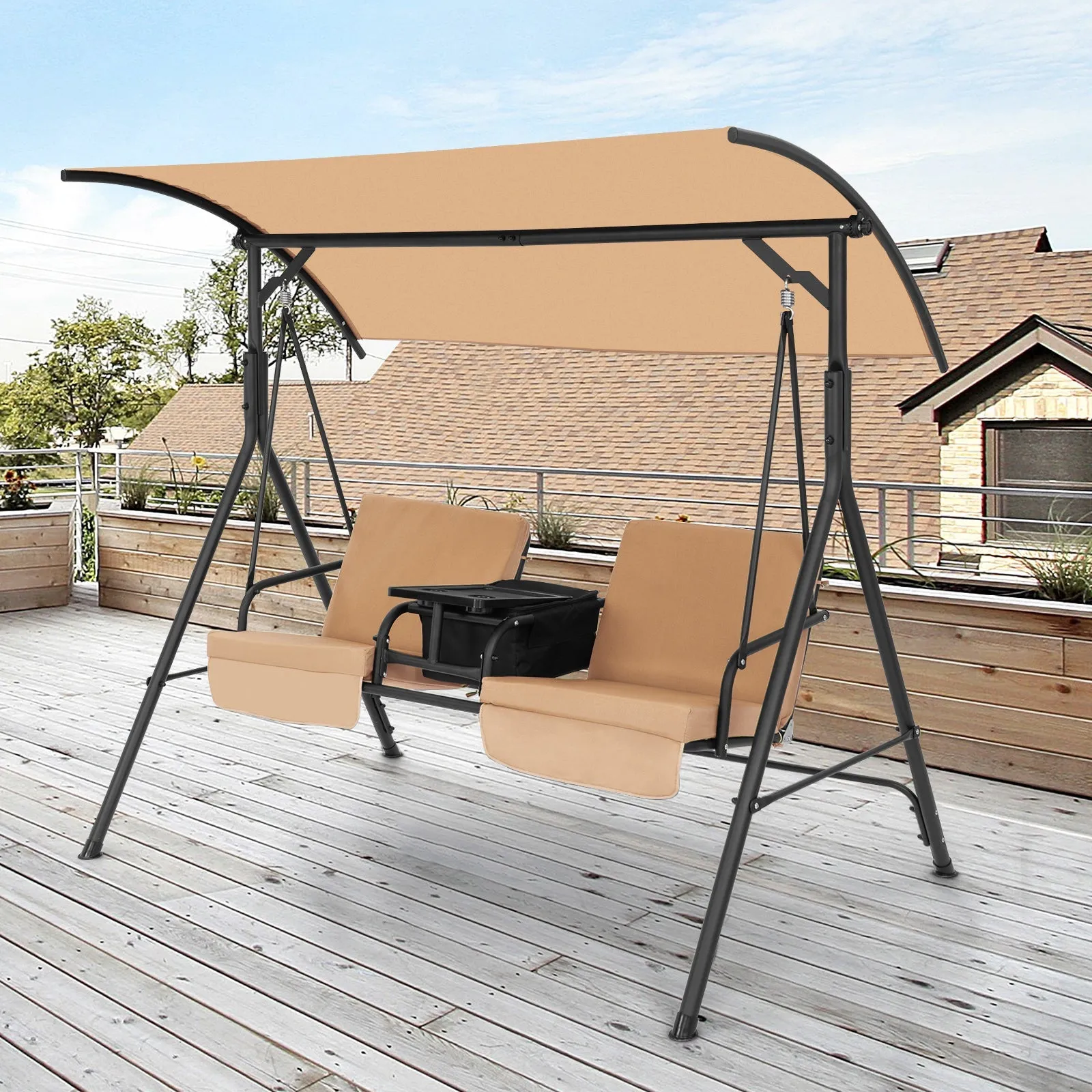 2 Person Outdoor Porch Swing with Canopy and 23L Cooler Bag-Brown