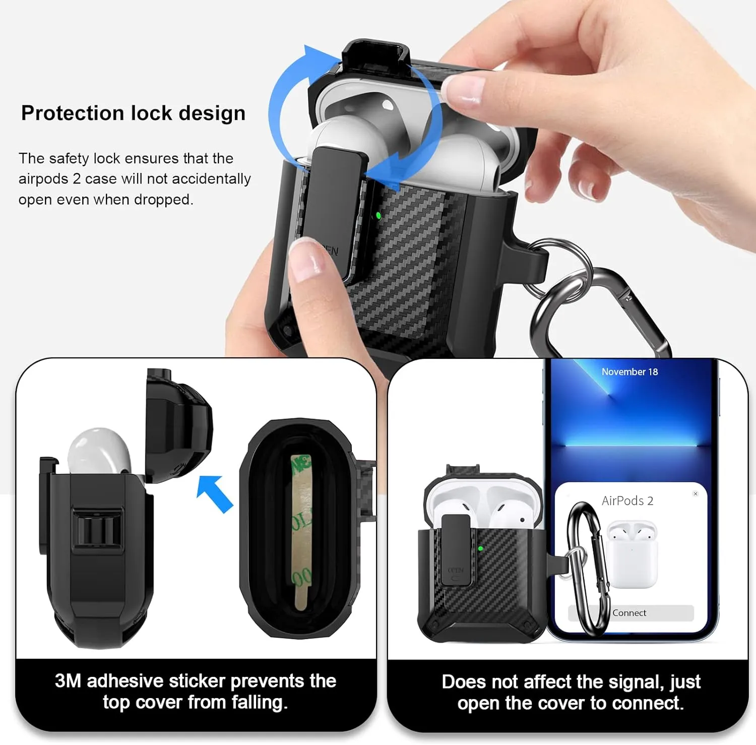 Airpod Case with Lock Compatible with Apple Airpods Case 2nd Generation Case, Rugged Case Cover for AirPods 1st Charging Case with Keychain for Men Women[Front LED Visible]