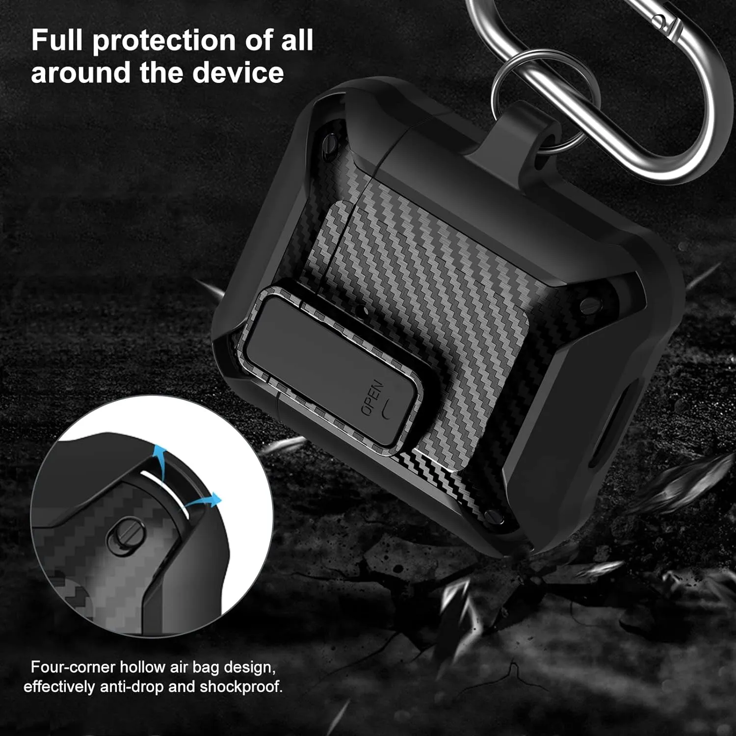 Airpod Case with Lock Compatible with Apple Airpods Case 2nd Generation Case, Rugged Case Cover for AirPods 1st Charging Case with Keychain for Men Women[Front LED Visible]