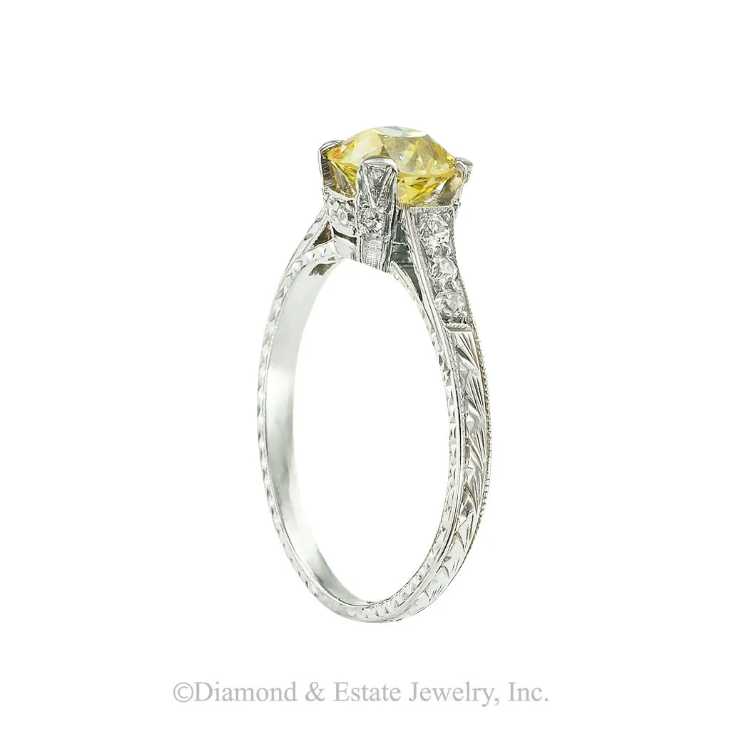 Art Deco 1.20 Carat Fancy Yellow Diamond Platinum Engagement Ring