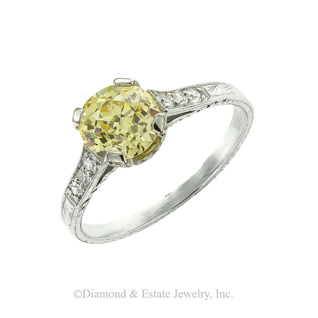 Art Deco 1.20 Carat Fancy Yellow Diamond Platinum Engagement Ring