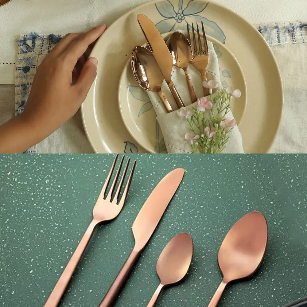 Ellementry Enigma Rose Gold Cutlery Set of 4 | Stainless Steel Set | Food Grade Silverware for Home & Kitchen | Dishwasher Safe | Cutlery Set for Dining Table | Spoon/Fork/Knife Set (Pack of 2)