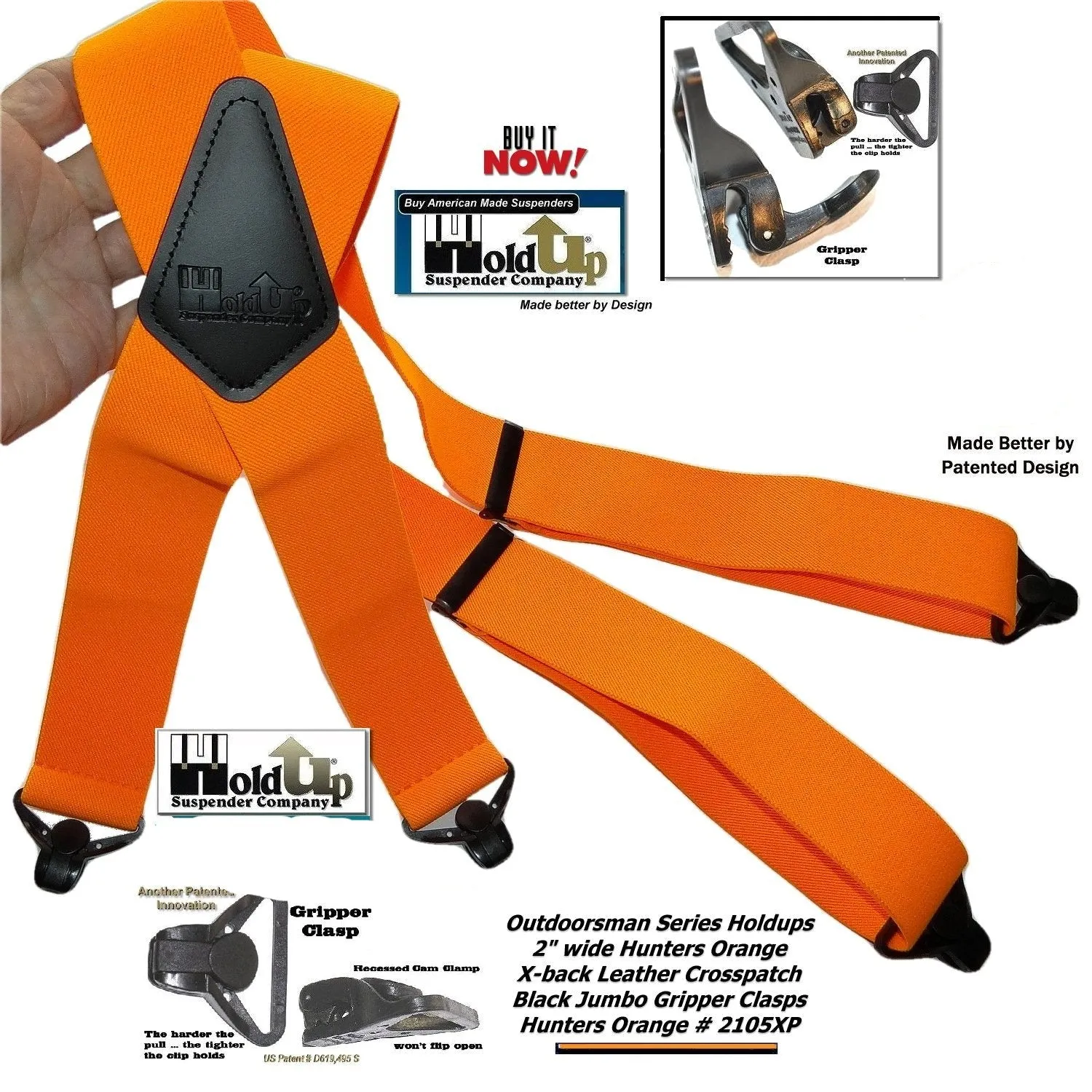 Hold-Ups Hunter Orange 2" Wide Work Suspenders with Composite Plastic Gripper Clasp