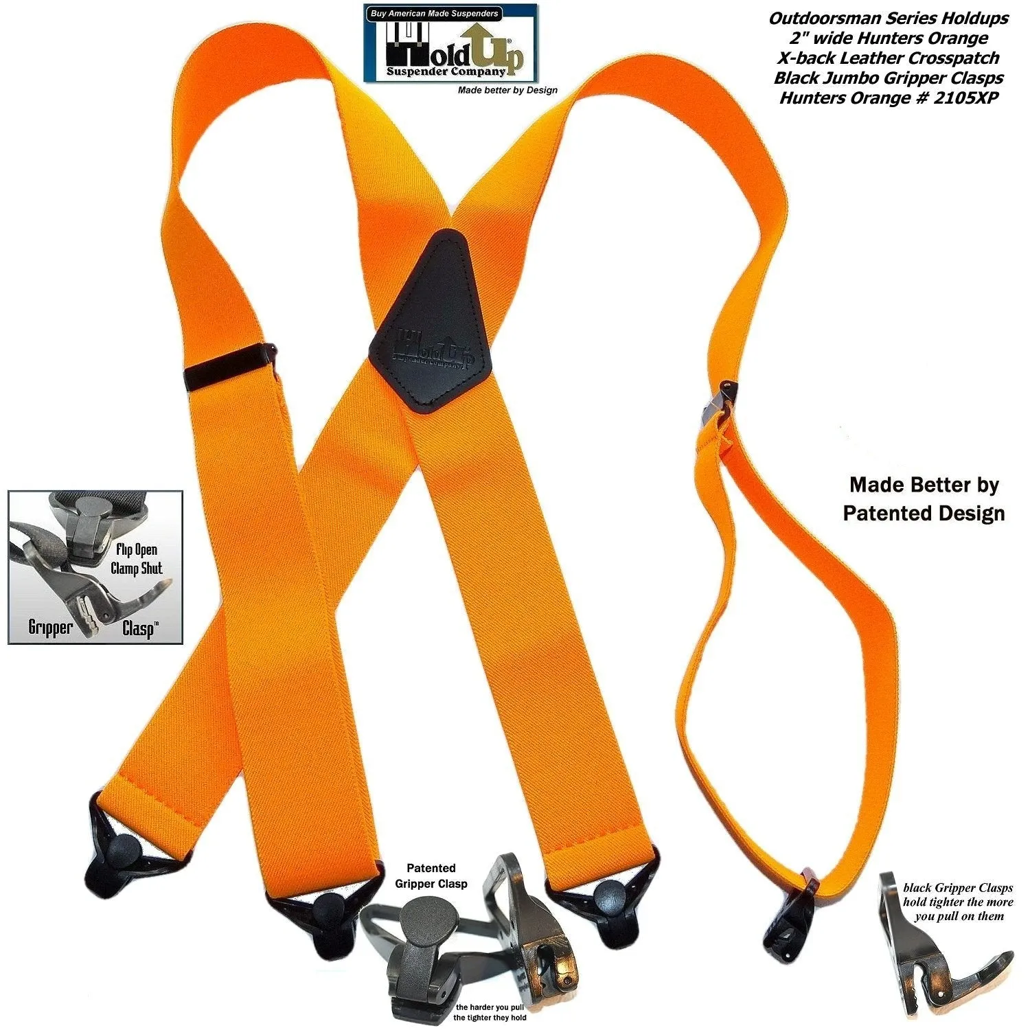 Hold-Ups Hunter Orange 2" Wide Work Suspenders with Composite Plastic Gripper Clasp