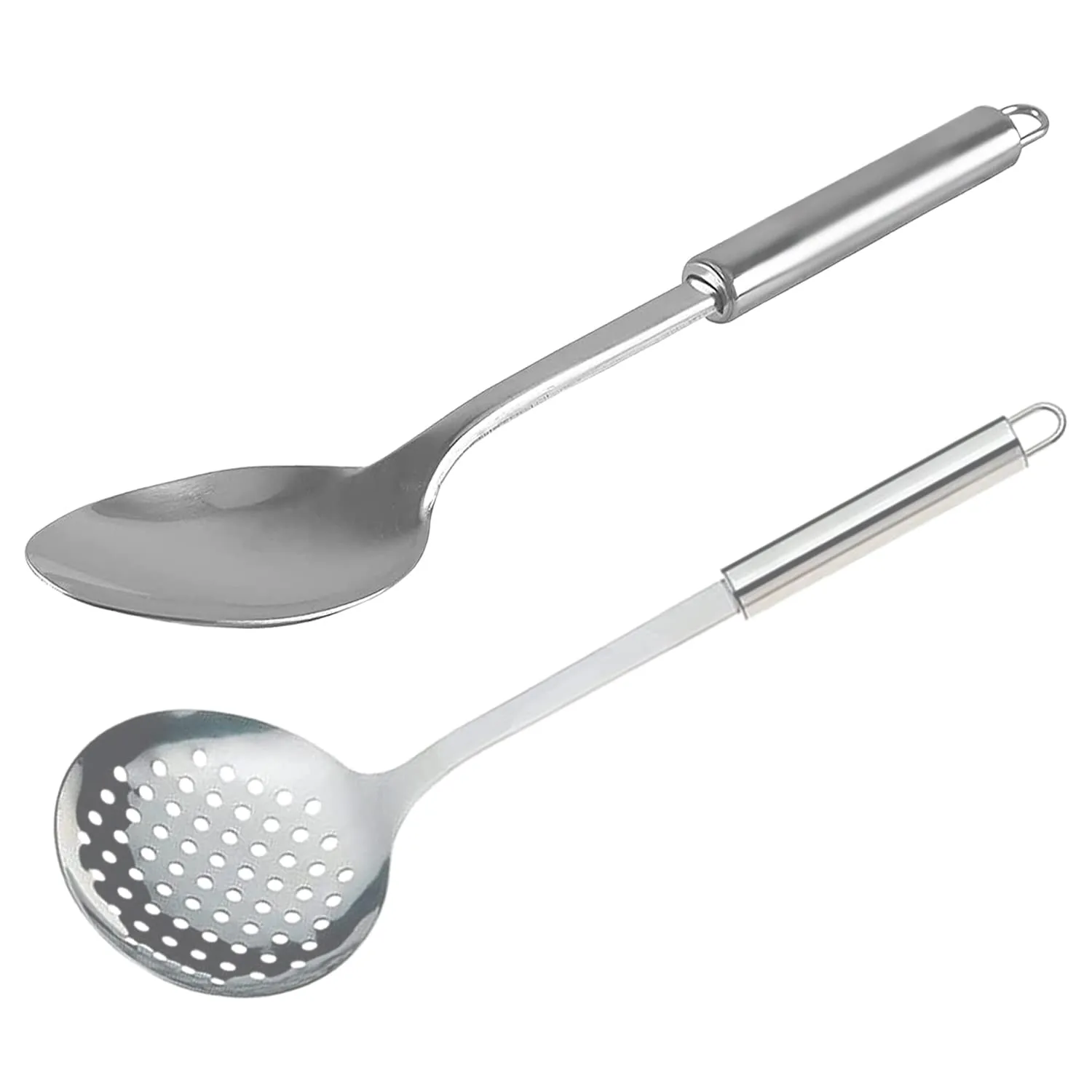 Kuber Industries Skimmer & Spoon|Stainless Steel Serving Set|Nonstick Cooking Set|Utensils Cookware Gadgets for Kitchen|Pack of 2 (Silver)