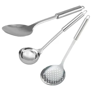 Kuber Industries Skimmer|Ladle & Spoon|Stainless Steel Serving Set|Nonstick Cooking Set|Utensils Cookware Gadgets for Kitchen|Pack of 3 (Silver)