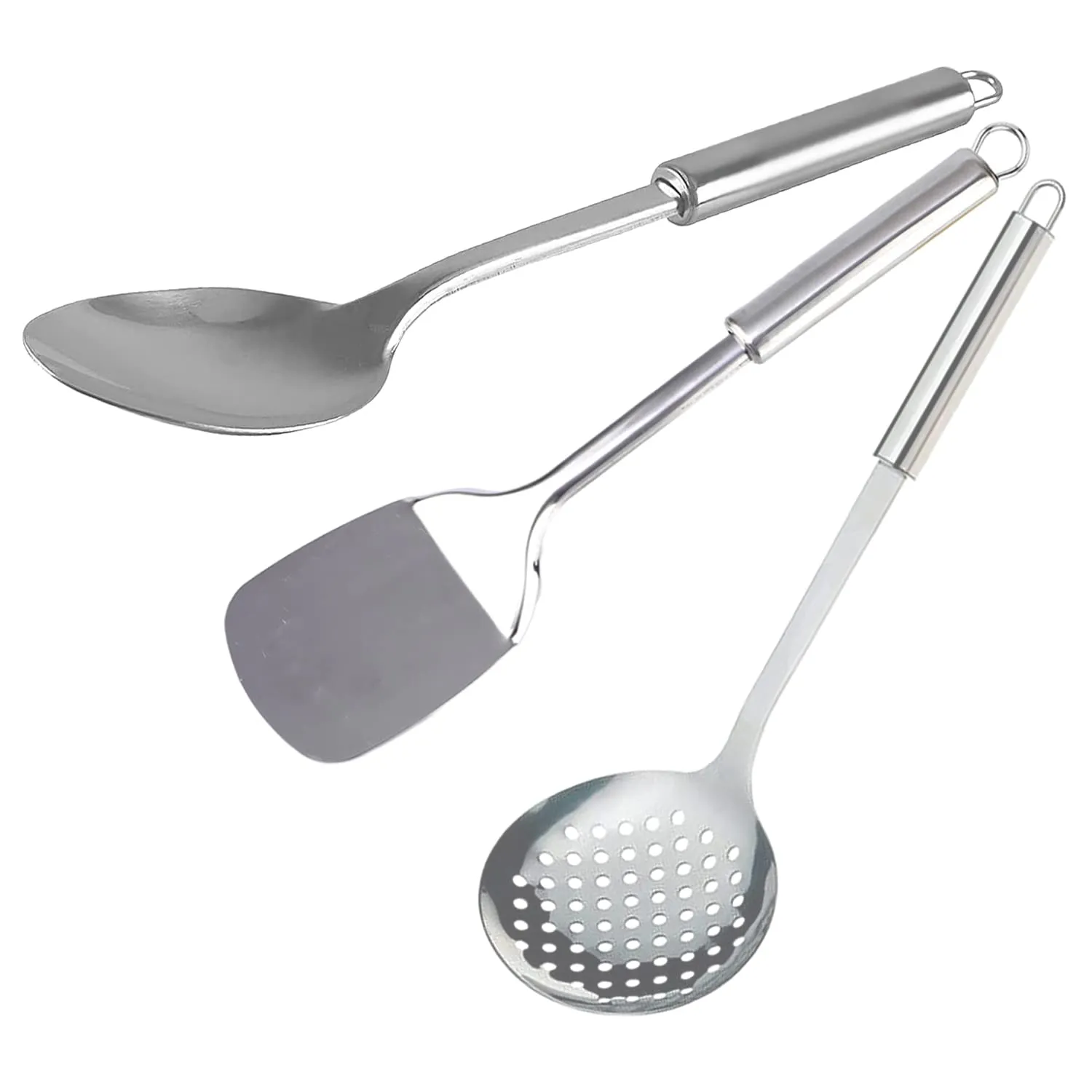 Kuber Industries Skimmer|Spatula & Spoon|Stainless Steel Serving Set|Nonstick Cooking Set|Utensils Cookware Gadgets for Kitchen|Pack of 3 (Silver)