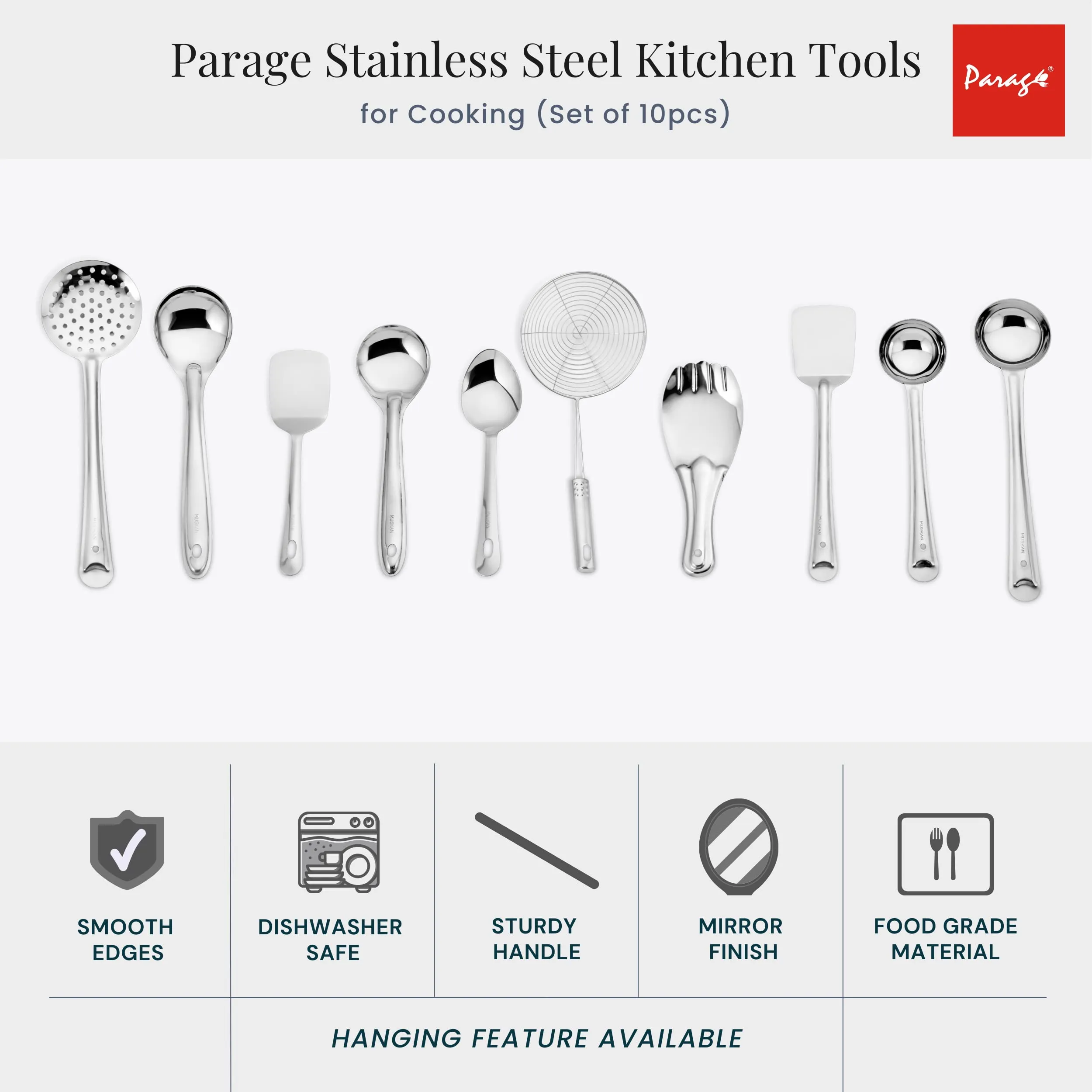 Parage Stainless Steel 10 Pieces Cooking Spoons Set, Contains Ladle, Turner, Strainer, Rice Spoon, Oval Spoon, Serving Spoon, Kitchen Cooking Essential Set for Home, 10 Pcs