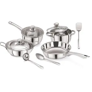 Pristine Tri Ply Induction Base Cooking Essential Stainless Steel Cookware Set with Lid |Sauce Pan with Lid, 1 Casserole with Lid, 1 Fry Pan, 1 Kadhai with Lid & 3 Serving Spoons (10 Piece, Silver)