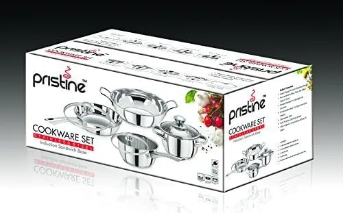 Pristine Tri Ply Induction Base Cooking Essential Stainless Steel Cookware Set with Lid |Sauce Pan with Lid, 1 Casserole with Lid, 1 Fry Pan, 1 Kadhai with Lid & 3 Serving Spoons (10 Piece, Silver)