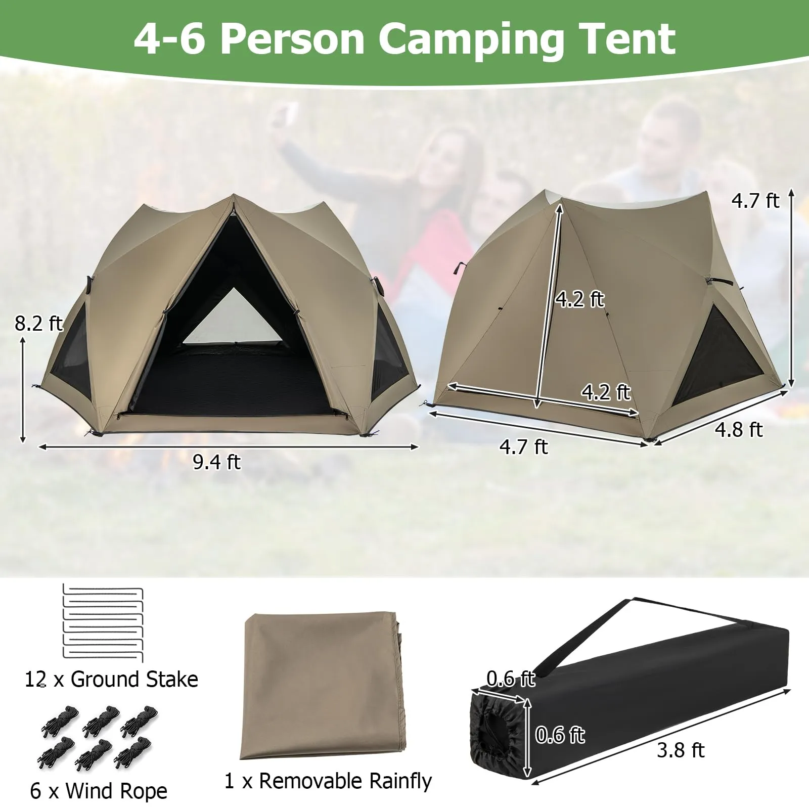 Tangkula 4-6 Person Pop Up Camping Tent with Visible Skylight, Portable Backpacking Tent with Removable Rainfly with 3 Mesh Walls