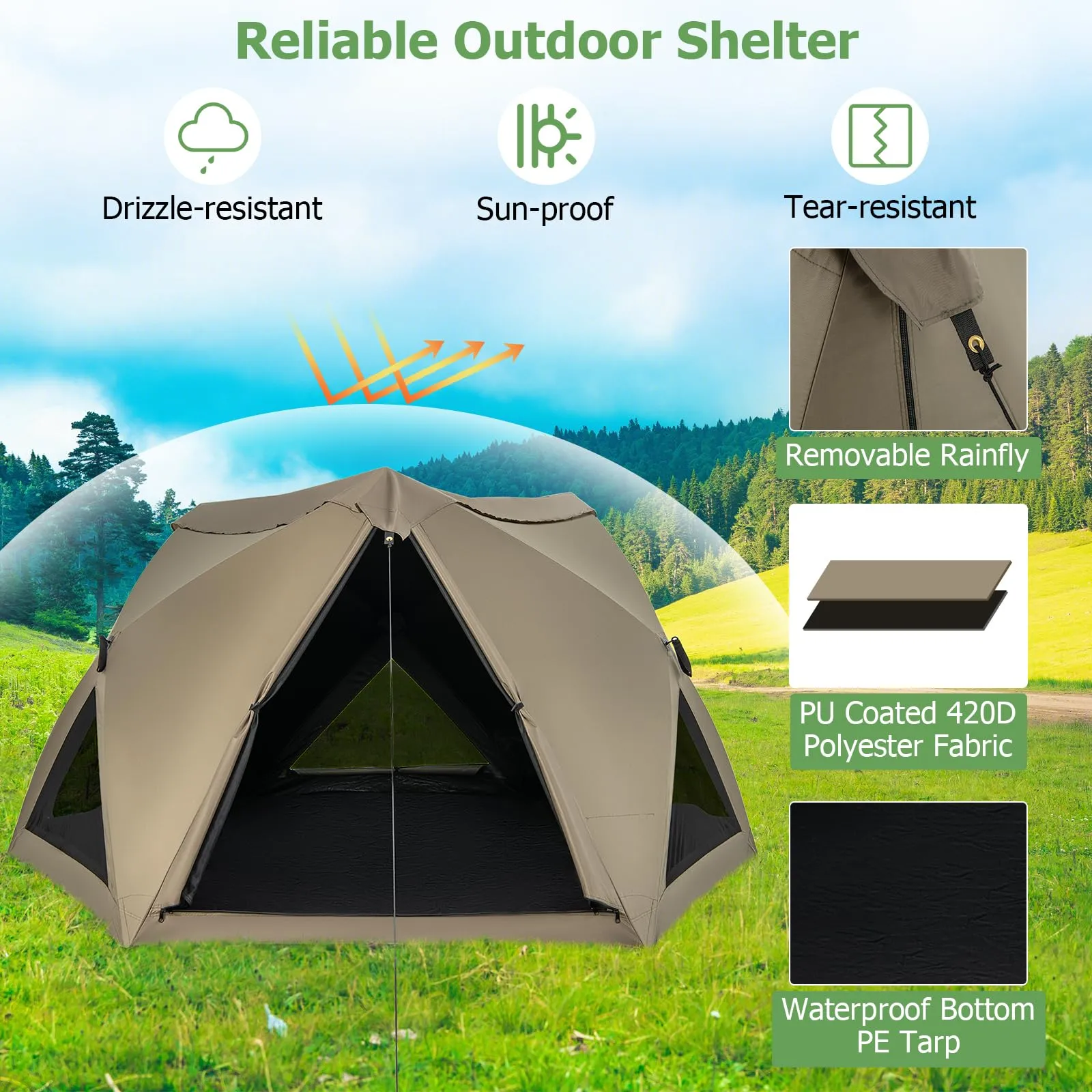 Tangkula 4-6 Person Pop Up Camping Tent with Visible Skylight, Portable Backpacking Tent with Removable Rainfly with 3 Mesh Walls