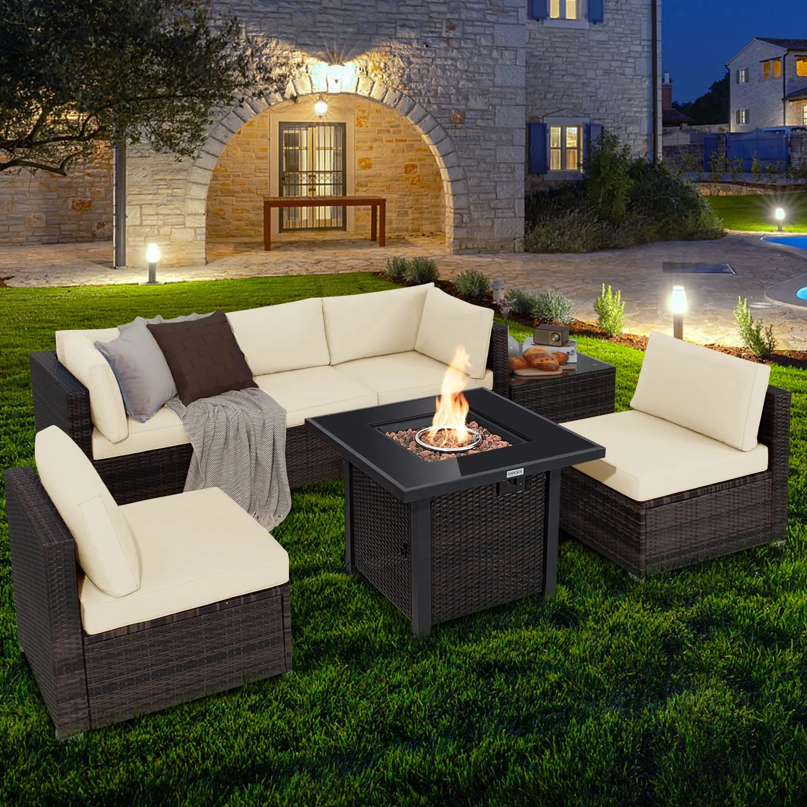 Tangkula 7 Pieces Patio Furniture Set with Fire Pit Table