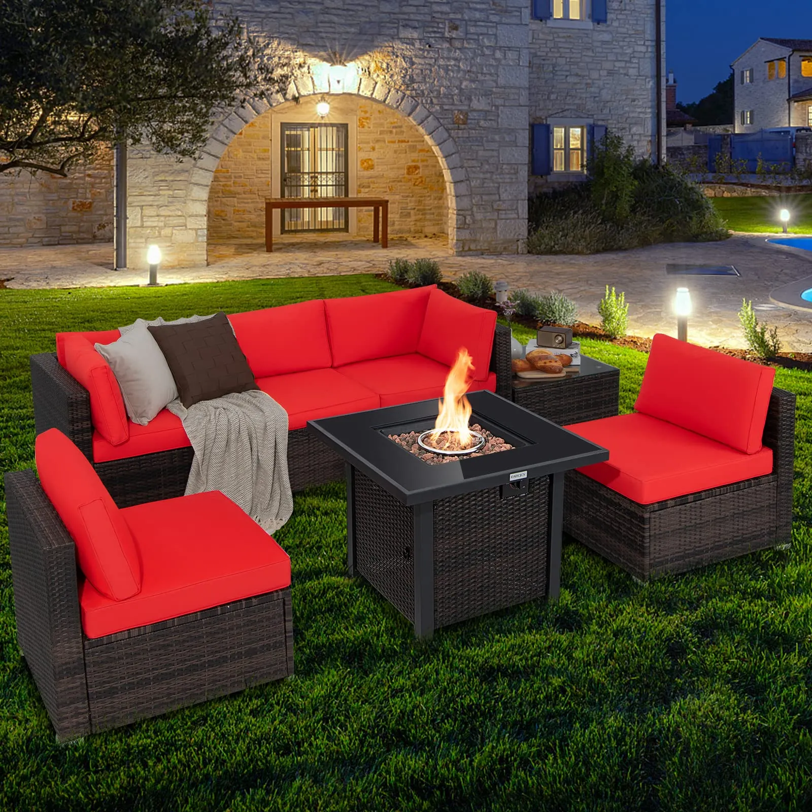 Tangkula 7 Pieces Patio Furniture Set with Fire Pit Table