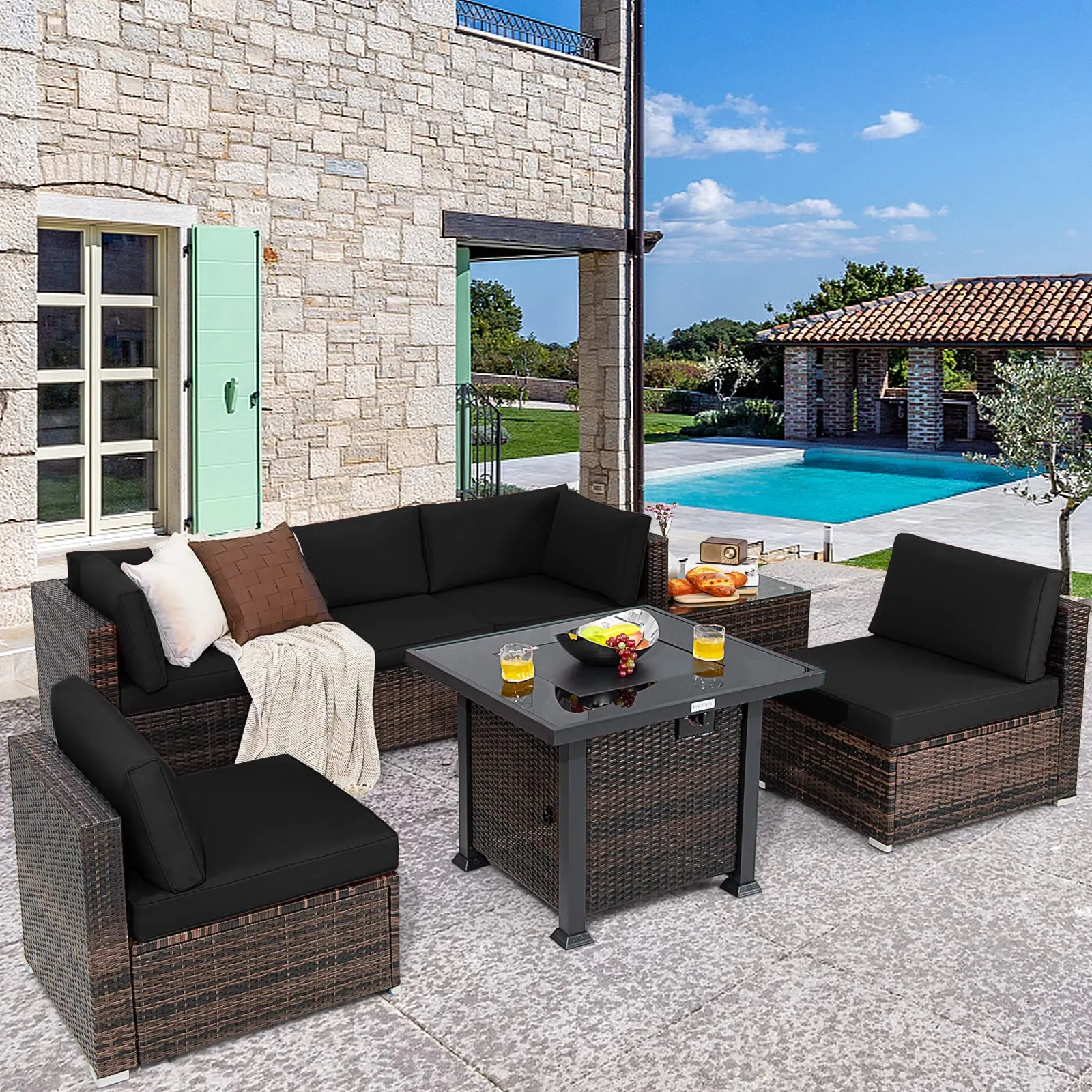 Tangkula 7 Pieces Patio Furniture Set with Fire Pit Table