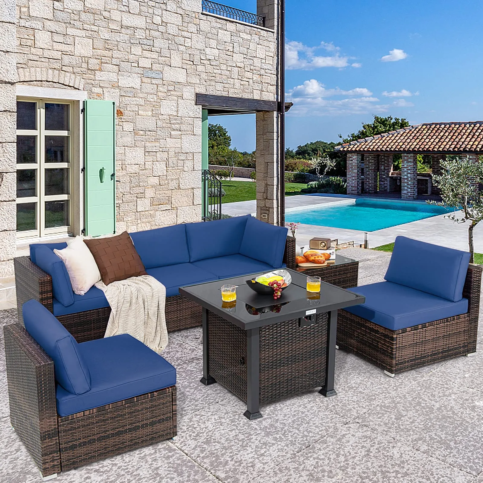 Tangkula 7 Pieces Patio Furniture Set with Fire Pit Table