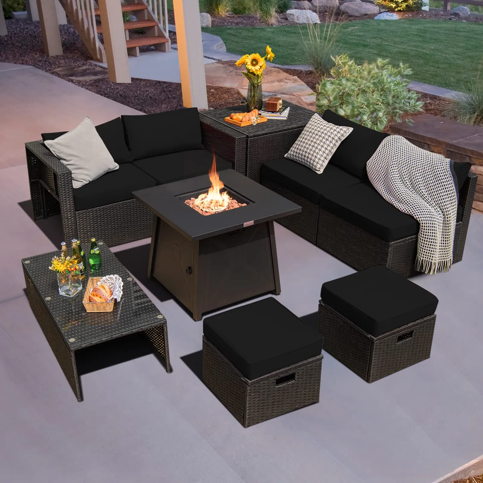 Tangkula 9 Piece Patio Furniture Set w/30 Inches Propane Fire Pit Table, 50,000 BTU Heat Output