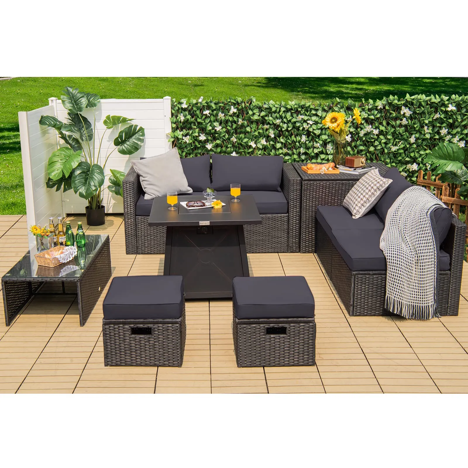 Tangkula 9 Piece Patio Furniture Set w/30 Inches Propane Fire Pit Table, 50,000 BTU Heat Output