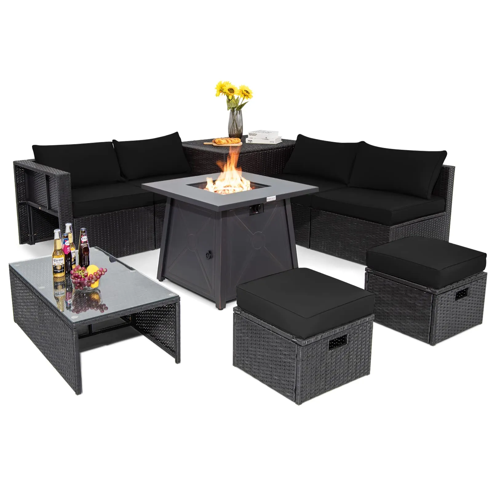 Tangkula 9 Piece Patio Furniture Set w/30 Inches Propane Fire Pit Table, 50,000 BTU Heat Output