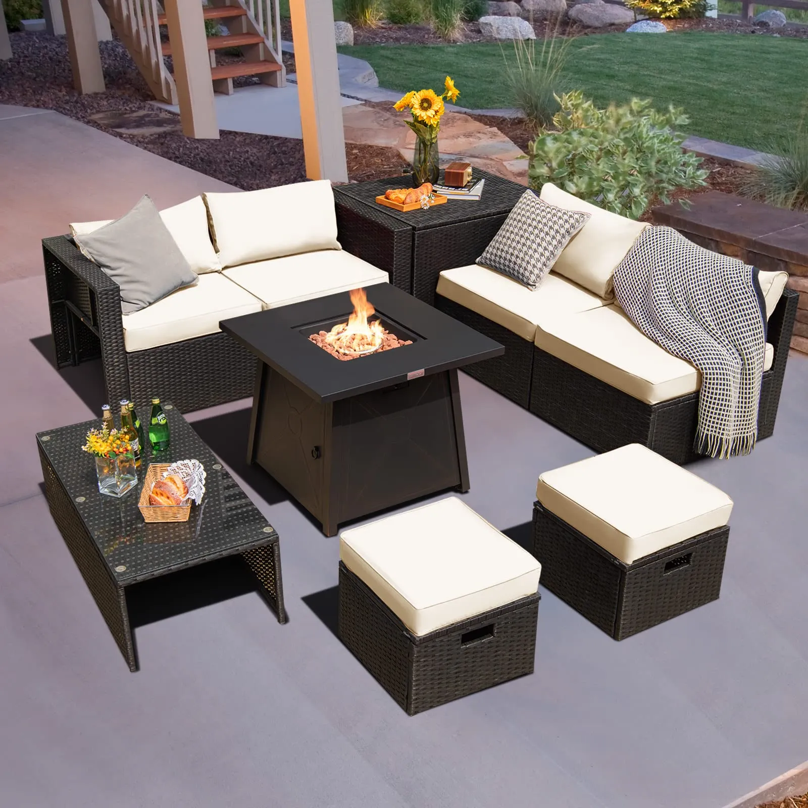 Tangkula 9 Piece Patio Furniture Set w/30 Inches Propane Fire Pit Table, 50,000 BTU Heat Output