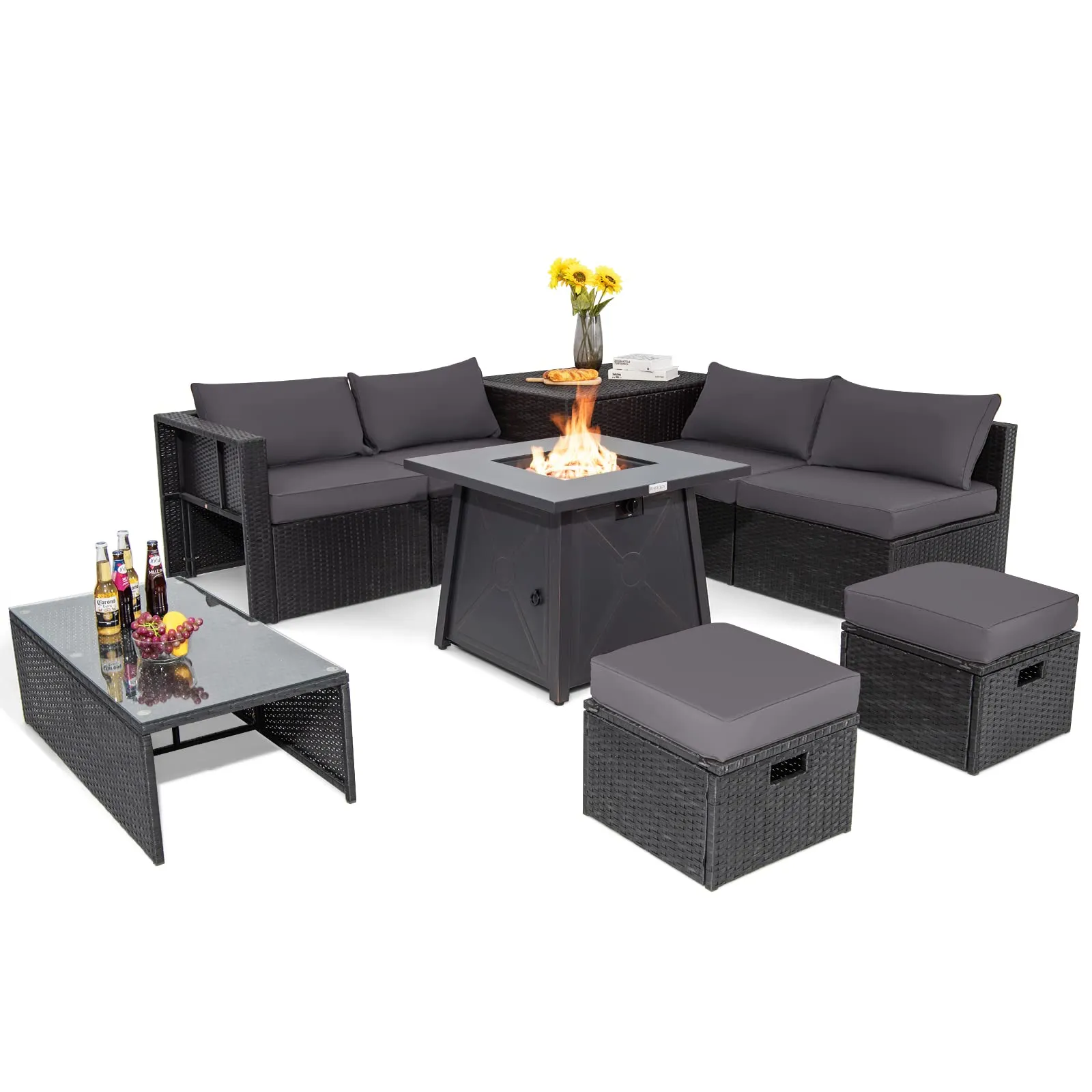 Tangkula 9 Piece Patio Furniture Set w/30 Inches Propane Fire Pit Table, 50,000 BTU Heat Output