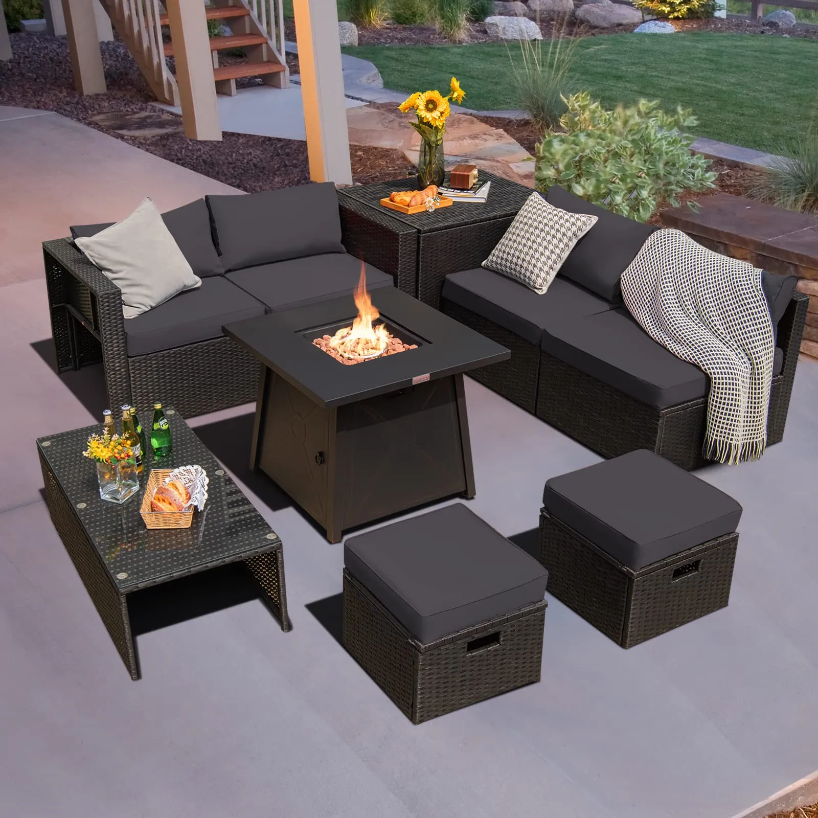 Tangkula 9 Piece Patio Furniture Set w/30 Inches Propane Fire Pit Table, 50,000 BTU Heat Output