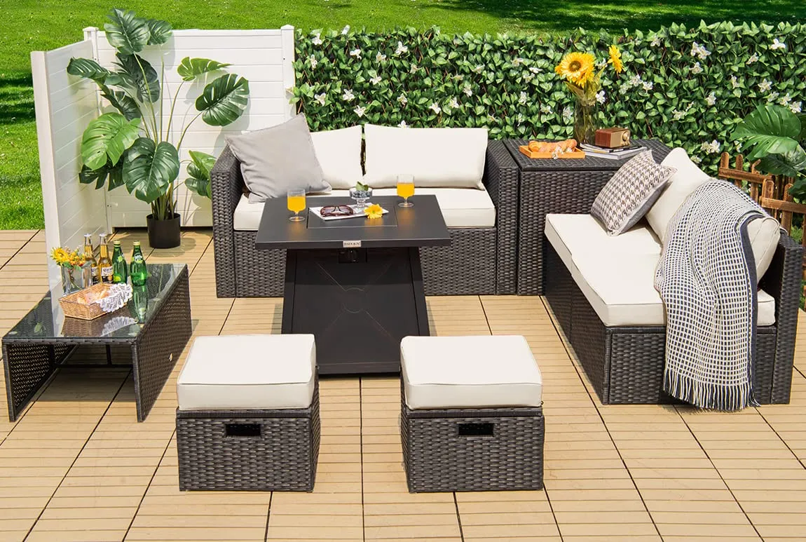 Tangkula 9 Piece Patio Furniture Set w/30 Inches Propane Fire Pit Table, 50,000 BTU Heat Output