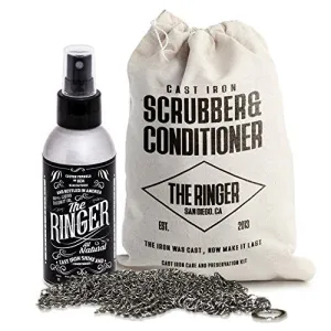 The Ringer Cast Iron Cleaning Kit including XL Chainmail Scrubber and Cast Iron Conditioner