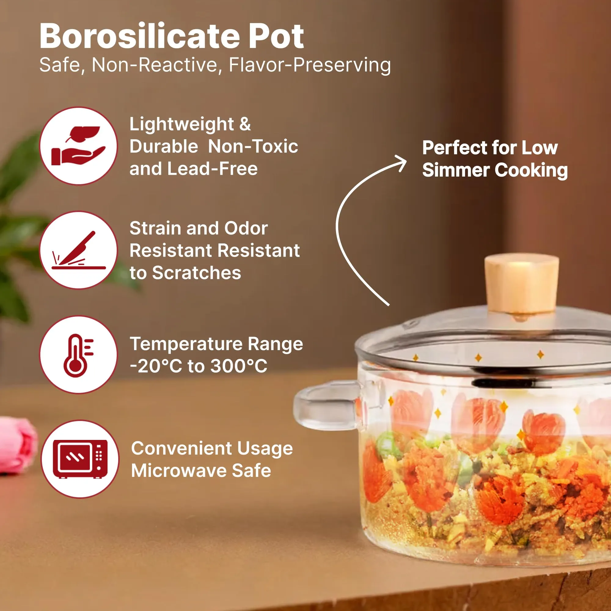 USHA SHRIRAM Borosilicate Tope with Lid & Handle (1.45L) | Handi Casserole | Small Milk Tea Boiling Pan | Patila for Boiling | Glass Cookware for Gas Stove | Gift for Housewarming (Rose Print)