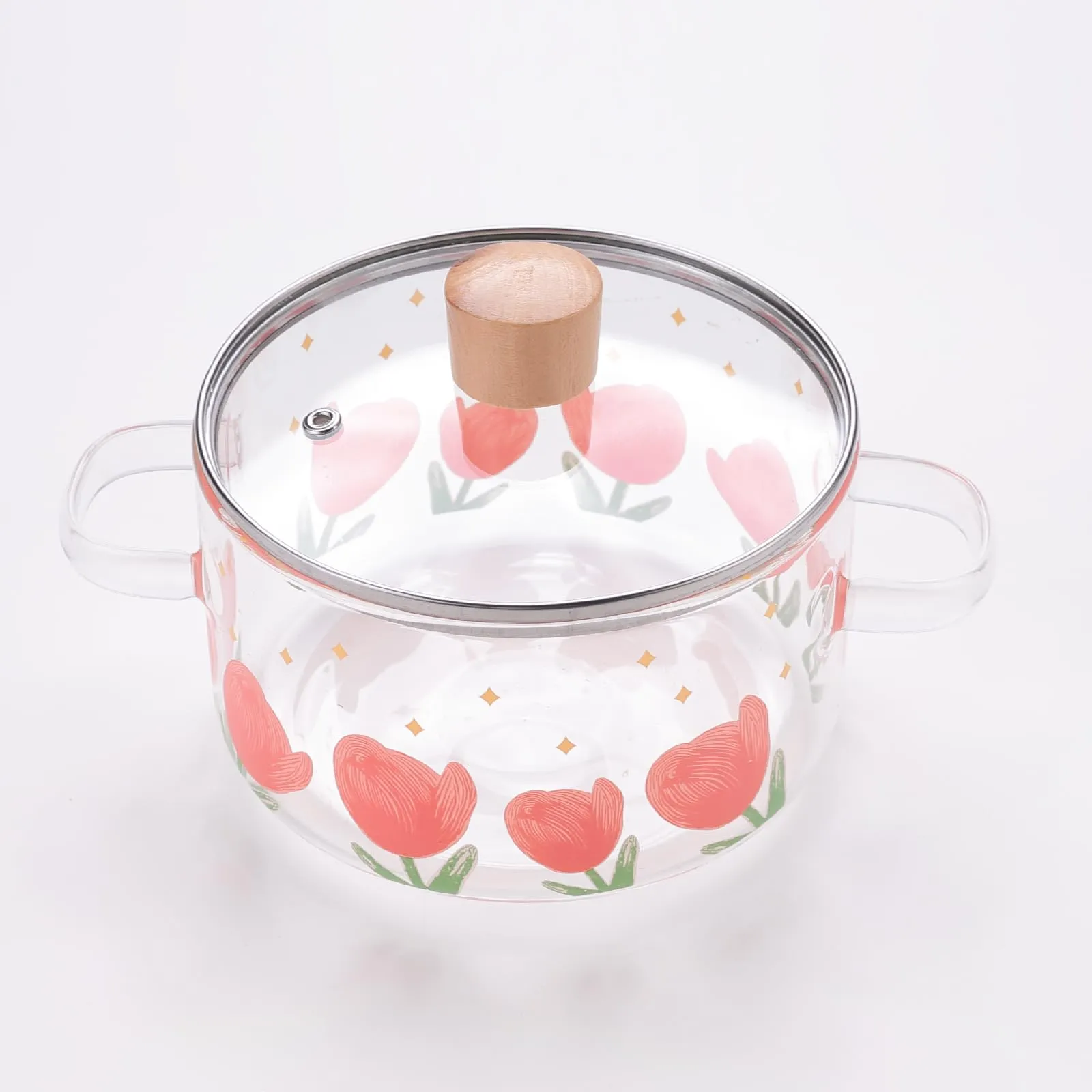 USHA SHRIRAM Borosilicate Tope with Lid & Handle (1.45L) | Handi Casserole | Small Milk Tea Boiling Pan | Patila for Boiling | Glass Cookware for Gas Stove | Gift for Housewarming (Rose Print)