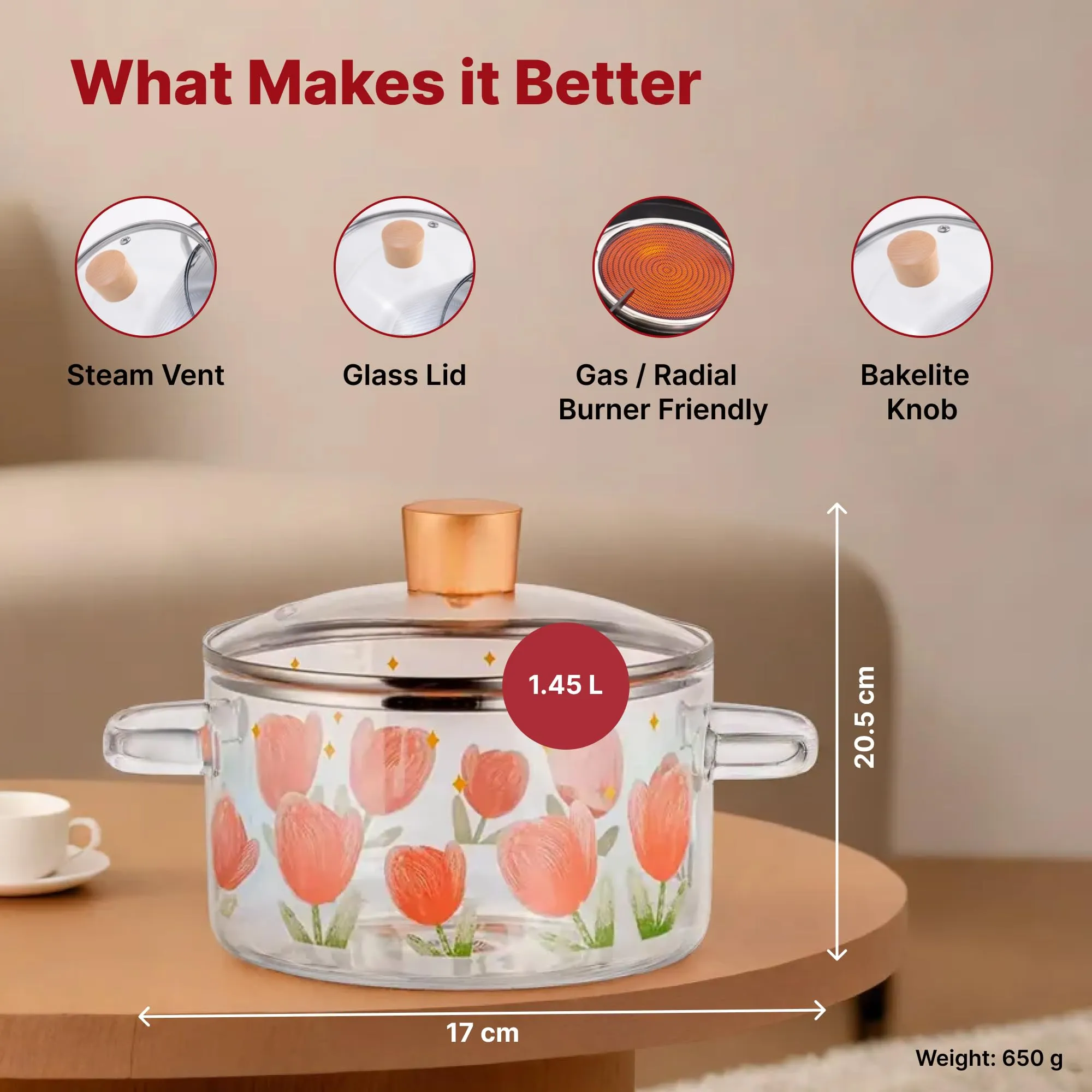 USHA SHRIRAM Borosilicate Tope with Lid & Handle (1.45L) | Handi Casserole | Small Milk Tea Boiling Pan | Patila for Boiling | Glass Cookware for Gas Stove | Gift for Housewarming (Rose Print)