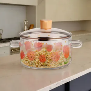 USHA SHRIRAM Borosilicate Tope with Lid & Handle (1.45L) | Handi Casserole | Small Milk Tea Boiling Pan | Patila for Boiling | Glass Cookware for Gas Stove | Gift for Housewarming (Rose Print)